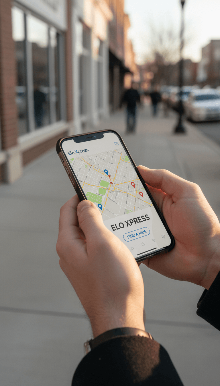 Close-up of a mobile phone displaying the Elo Xpress app interface with location map visible