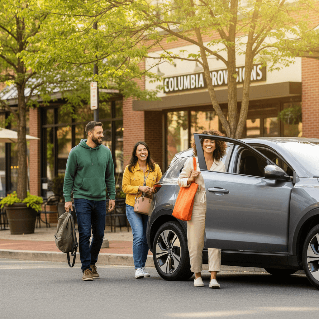 Passengers exiting an Elo Xpress vehicle on a Columbia street