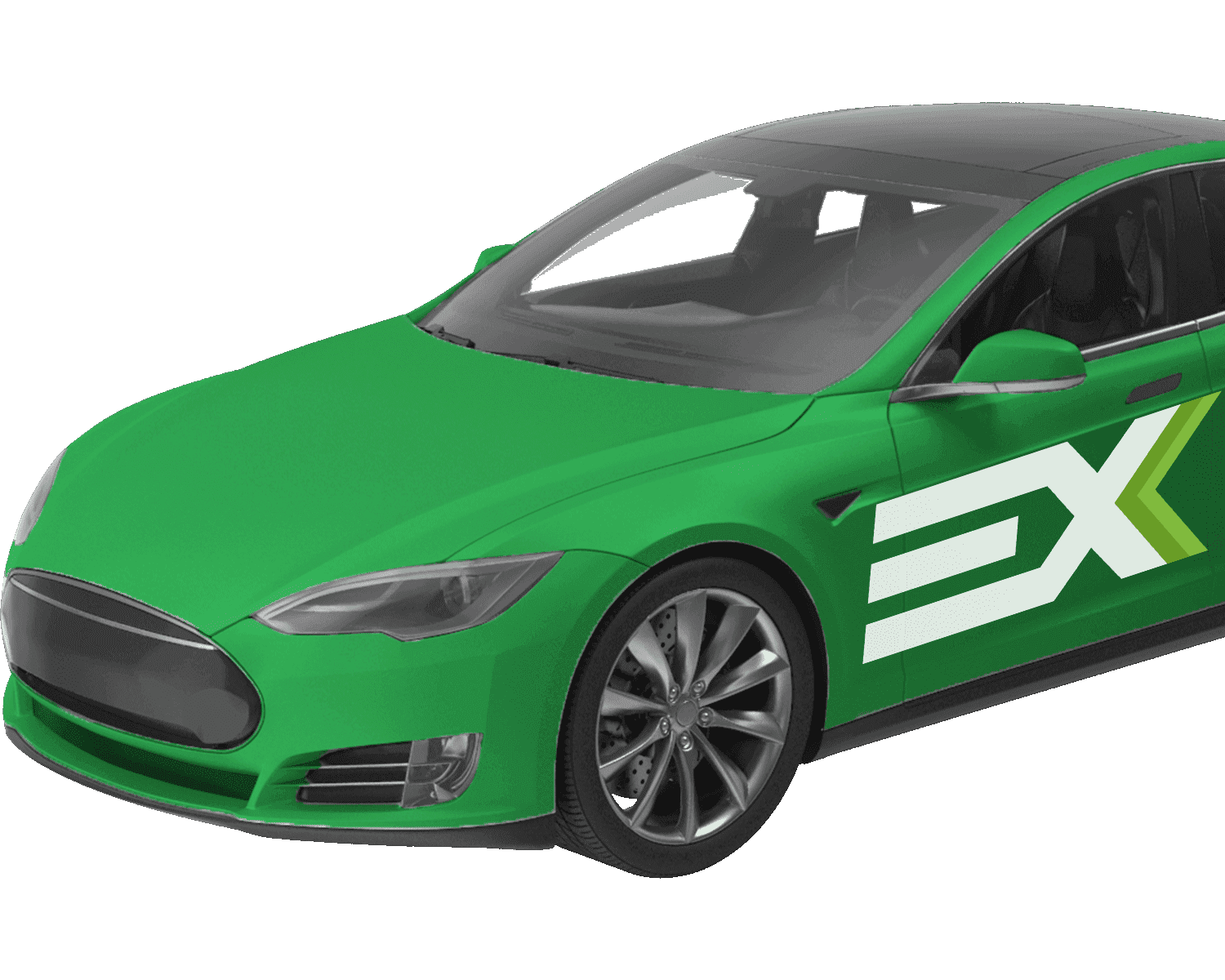 Bright green Tesla Model S with a large white and lime green EX logo.